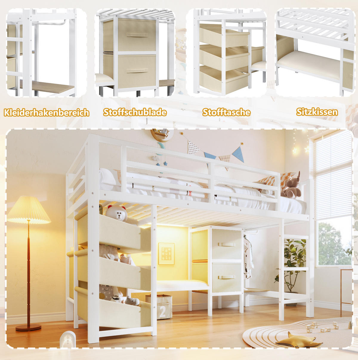 HOCHBETT 90/200 cm aus Metall mit LED-Beleuchtung und Stauraum in Weiß - Weiß, Metall (90/200cm) - Flora Grace