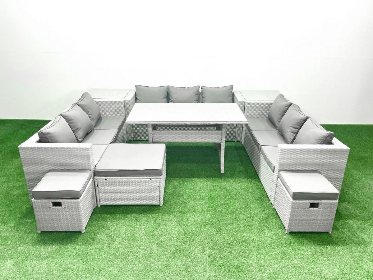 GARTENSET mit Esstisch,Sofa,2 Beistelltischen,3 Fußhocker Polyrattan Hellgrau 12-Sitzer - Hellgrau/Grau, Glas/Kunststoff - Fimous