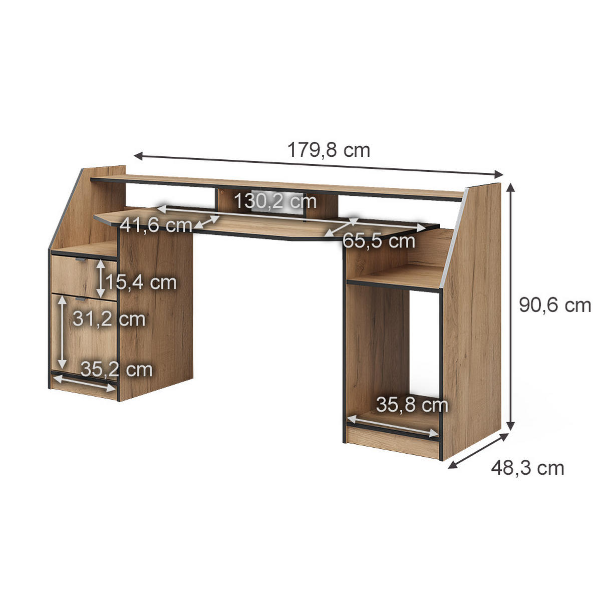GAMING-TISCH Joel Goldkraft Eiche 179.8 x 65.5 cm mit 1 Schublade und 1 Tür - Honigeiche, Holzwerkstoff (65.5/179.8/90.6cm) - Vicco