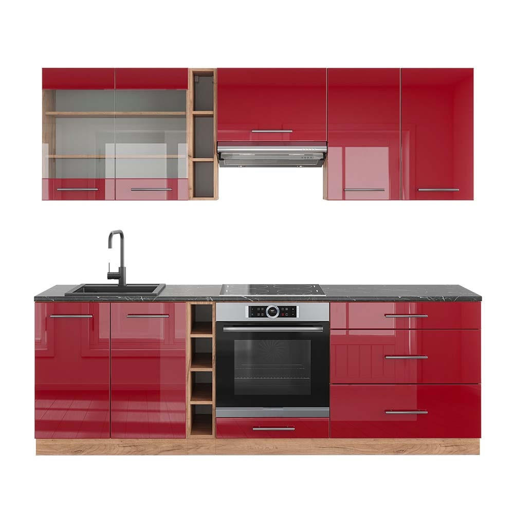 KUHINJSKI BLOK Fame-Line Bordo Sjajna / Zlatna Snaga Hrasta 235 cm , RP Antracit - hrast medunac/bordo, drvni materijal (235/206.8/60cm) - Vicco