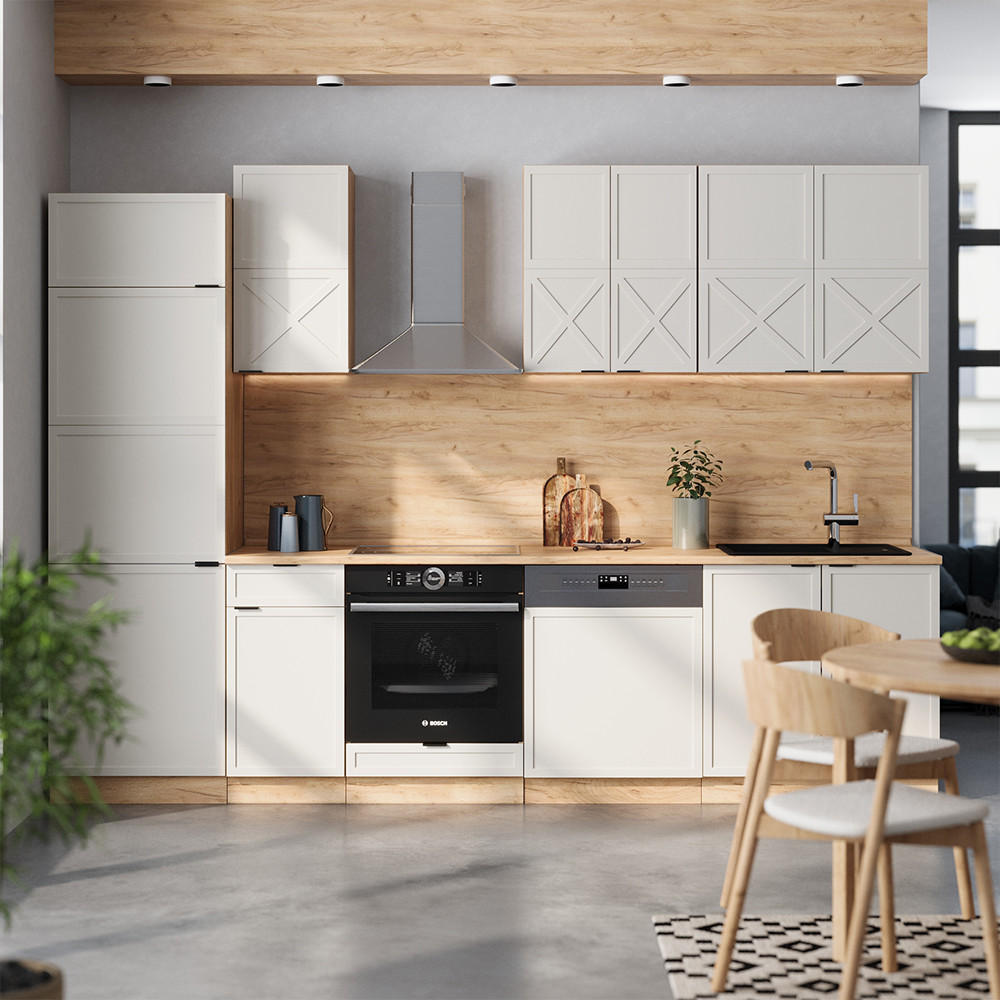 KÜCHENZEILE Fame-Line GrauBeige/Goldkraft Eiche 300 cm, AP Marmor - Honigeiche/Grau, Holzwerkstoff (300/81.6/60cm) - Vicco