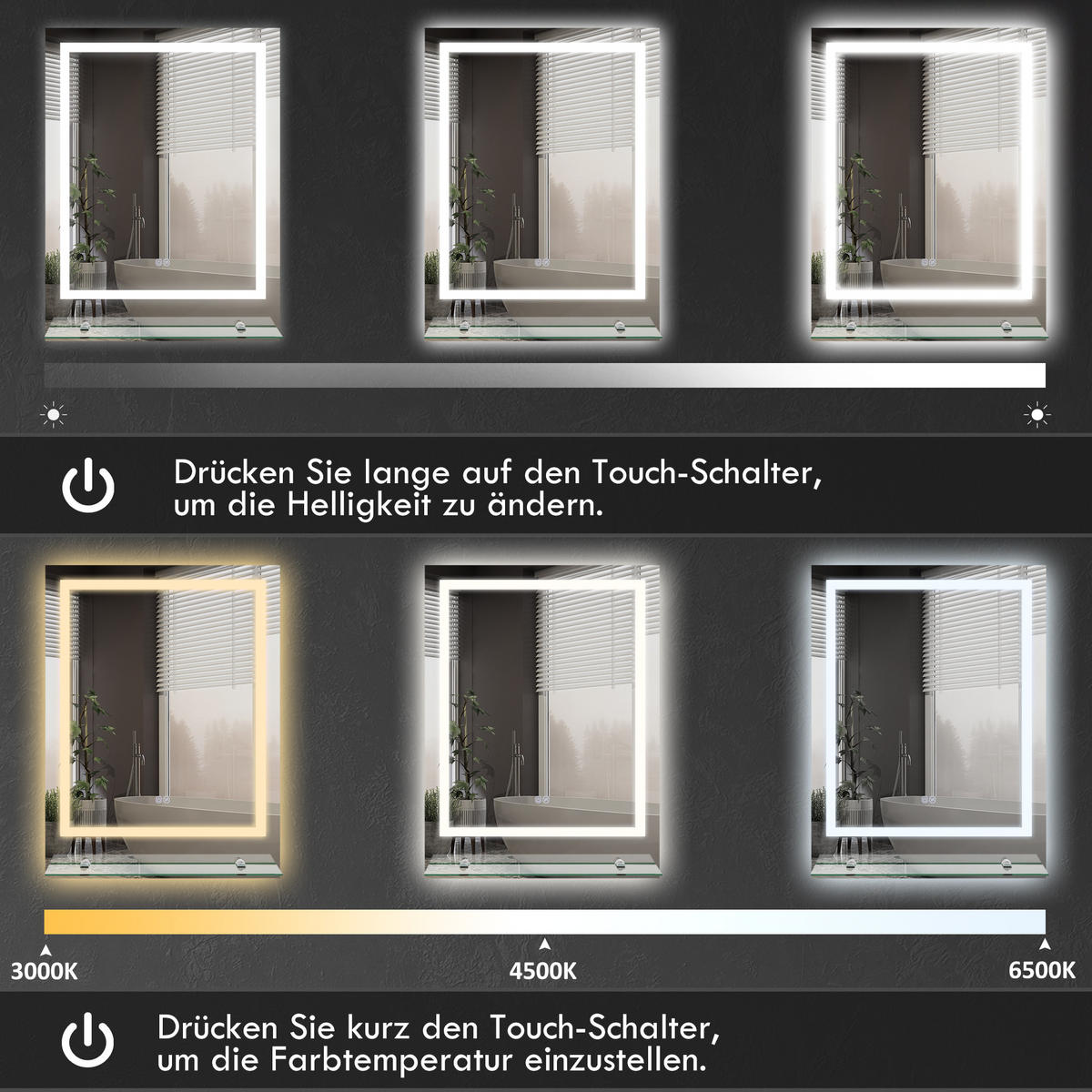 BADSPIEGEL mit Beleuchtung, Wandspiegel mit 3 Lichtfarben, Anti-Beschlag - Transparent, Glas (50/2.7/70cm) - Kleankin