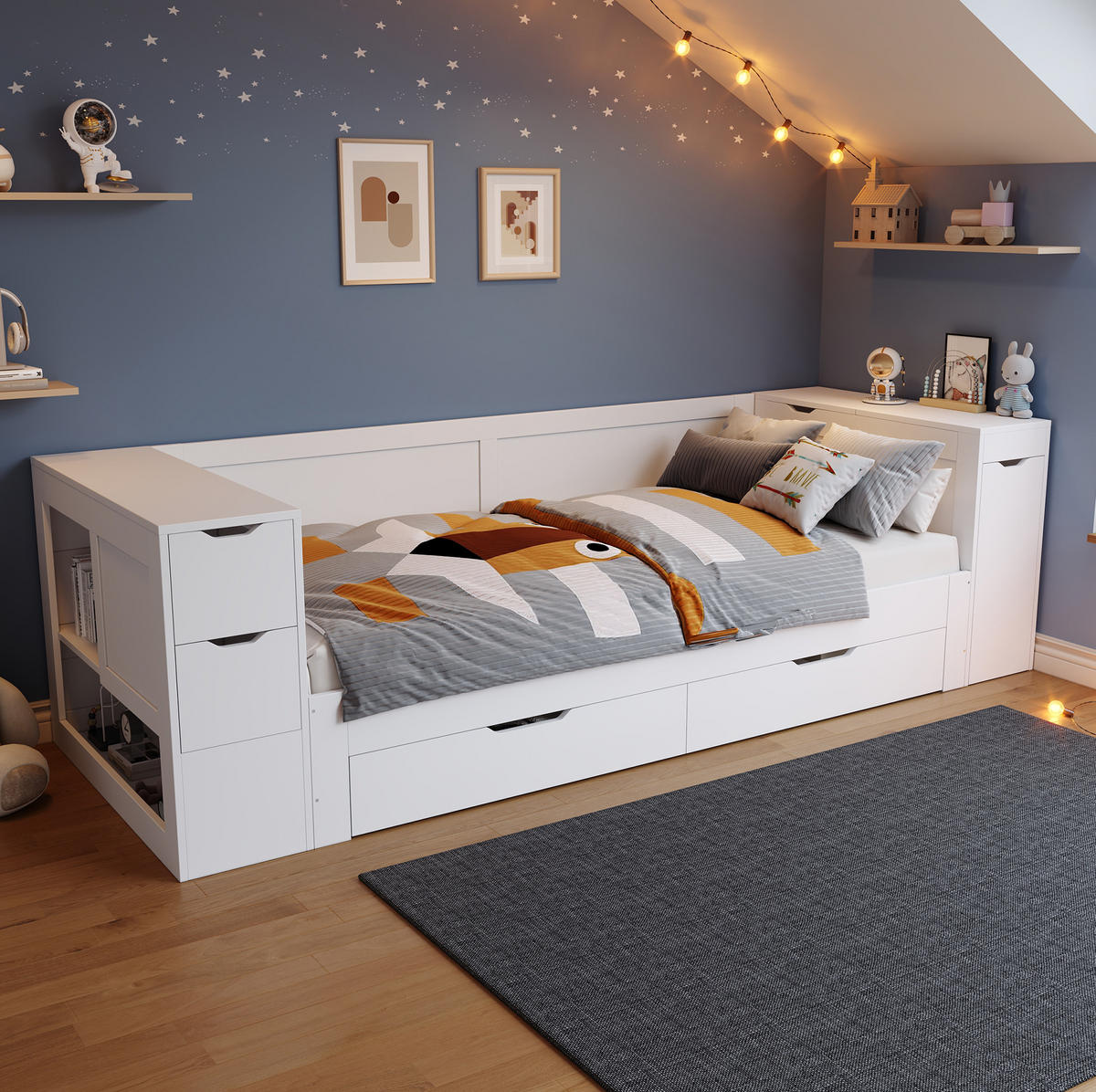 DETSKÁ posteľ 90/200 cm biela s úložným priestorom a nočným stolíkom z MDF - biela, kompozitné drevo (90/200cm) - OKWISH