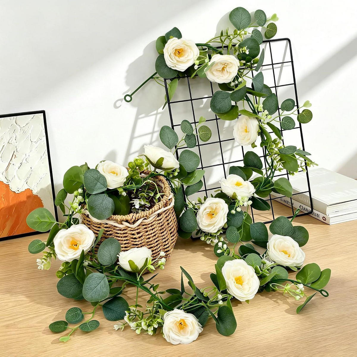 BLUMENGIRLANDE 2-teiliges Set 1,8 m Eukalyptus mit weißen Rosen - Multicolor, Kunststoff (1cm)