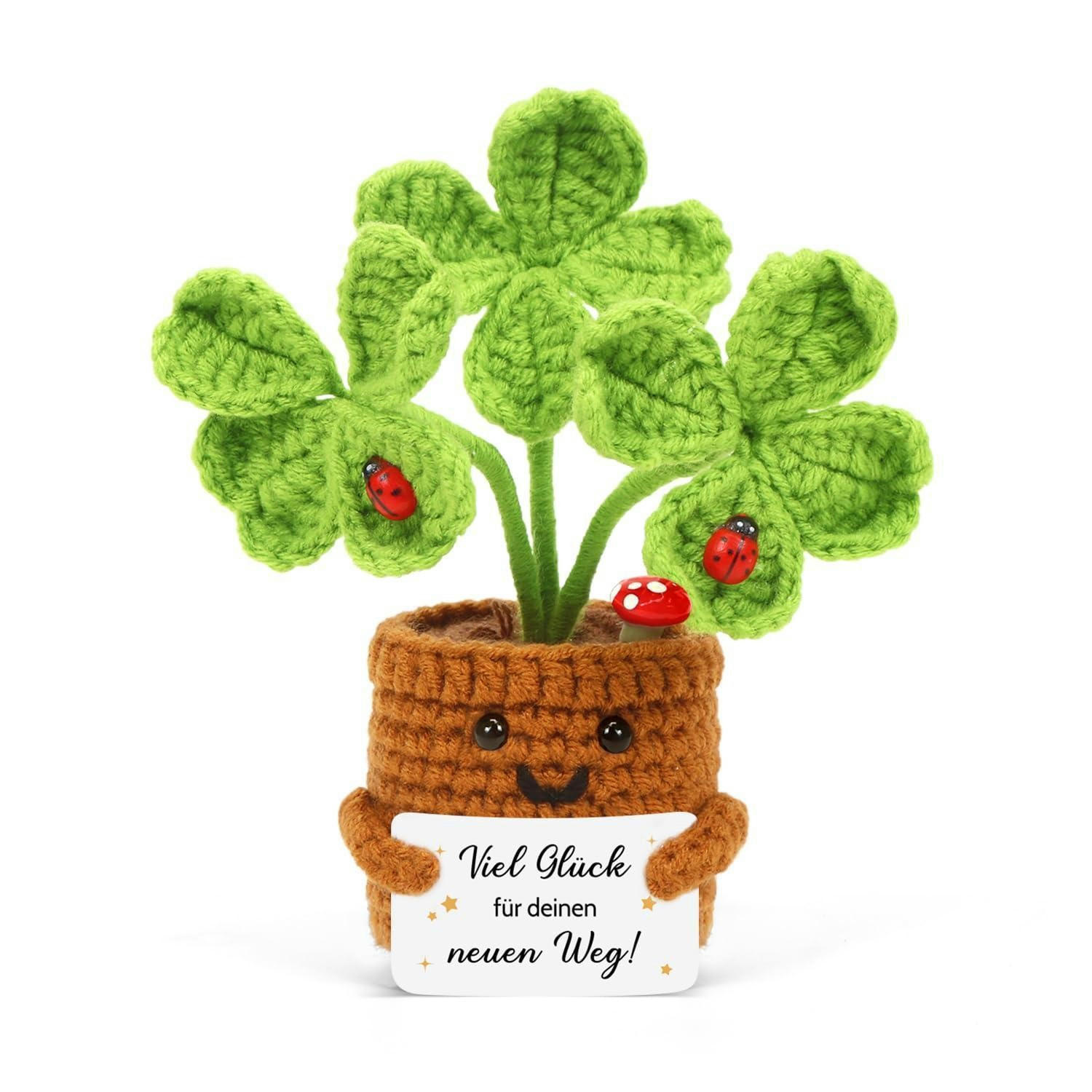 GLÜCKSBRINGER Gestrickte Blume Vierblättriges Kleeblatt mit Spruch - Grün, Textil (1/1cm)