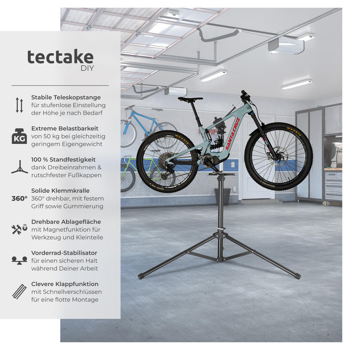 FAHRRADMONTAGESTÄNDER Tristan,inklusive Vorderrad-Stabilisator,schwarz - Schwarz, Textil (120/180/138cm) - tectake