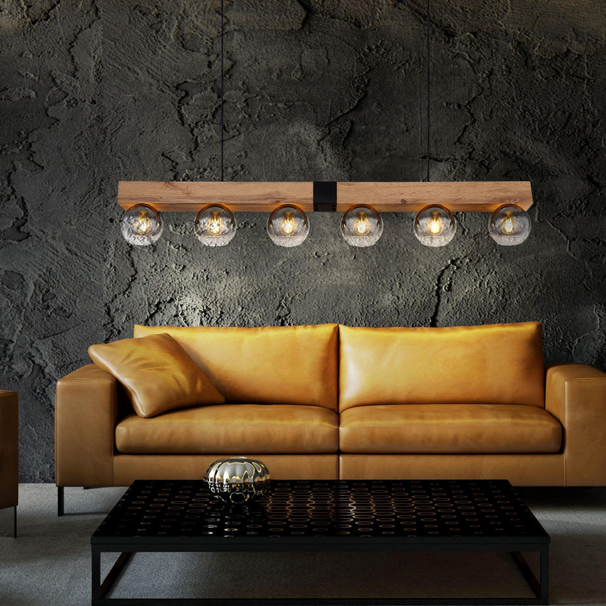 HÄNGELEUCHTE Holzoptik Braun Metall Schwarz - Braun, Glas (140/15/120cm) - Globo Lighting