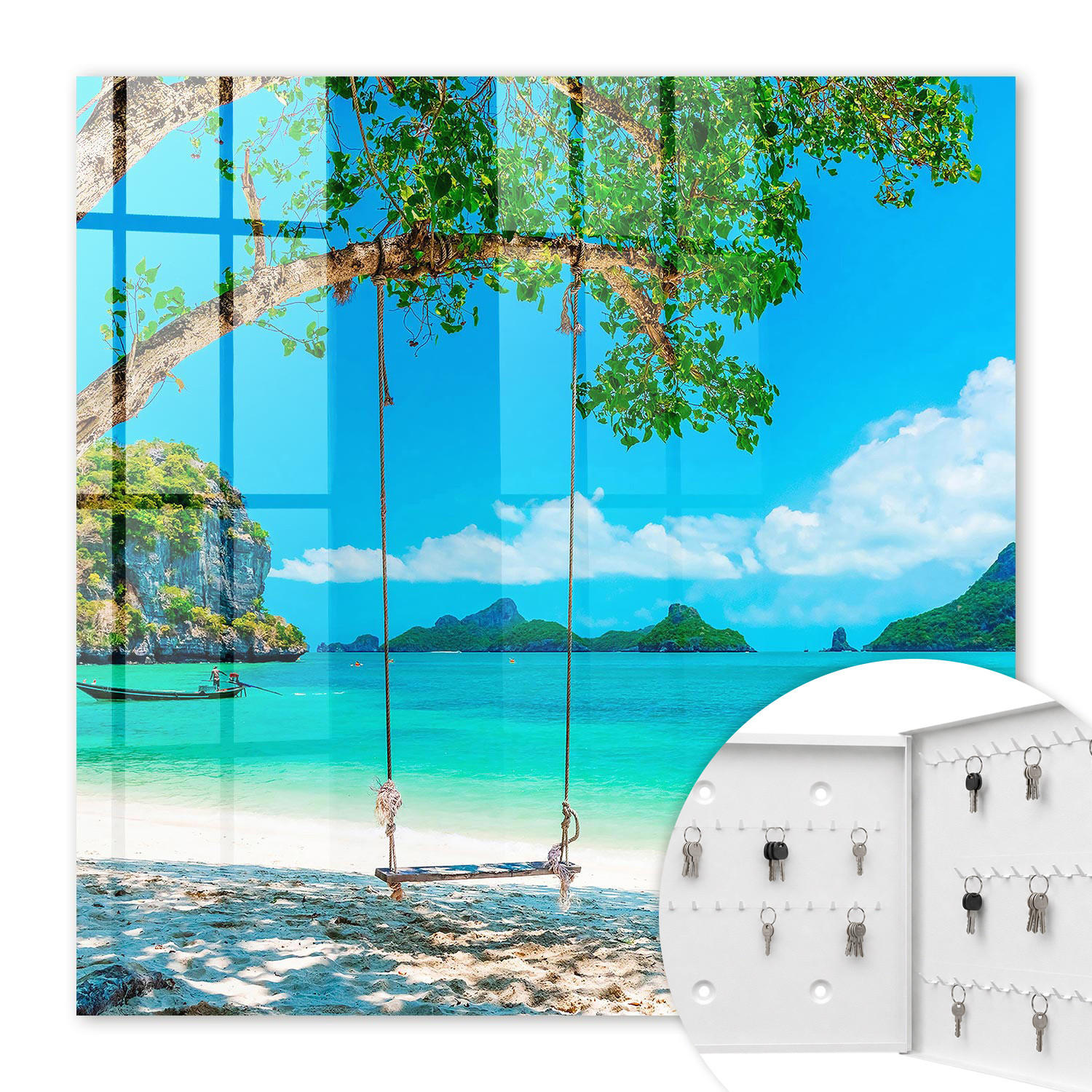 SCHLÜSSELBOX Weiß 30x30 cm – Türöffnung nach rechts - Tropisches Paradies - Türkis, Metall (30/30/5cm) - TULUP