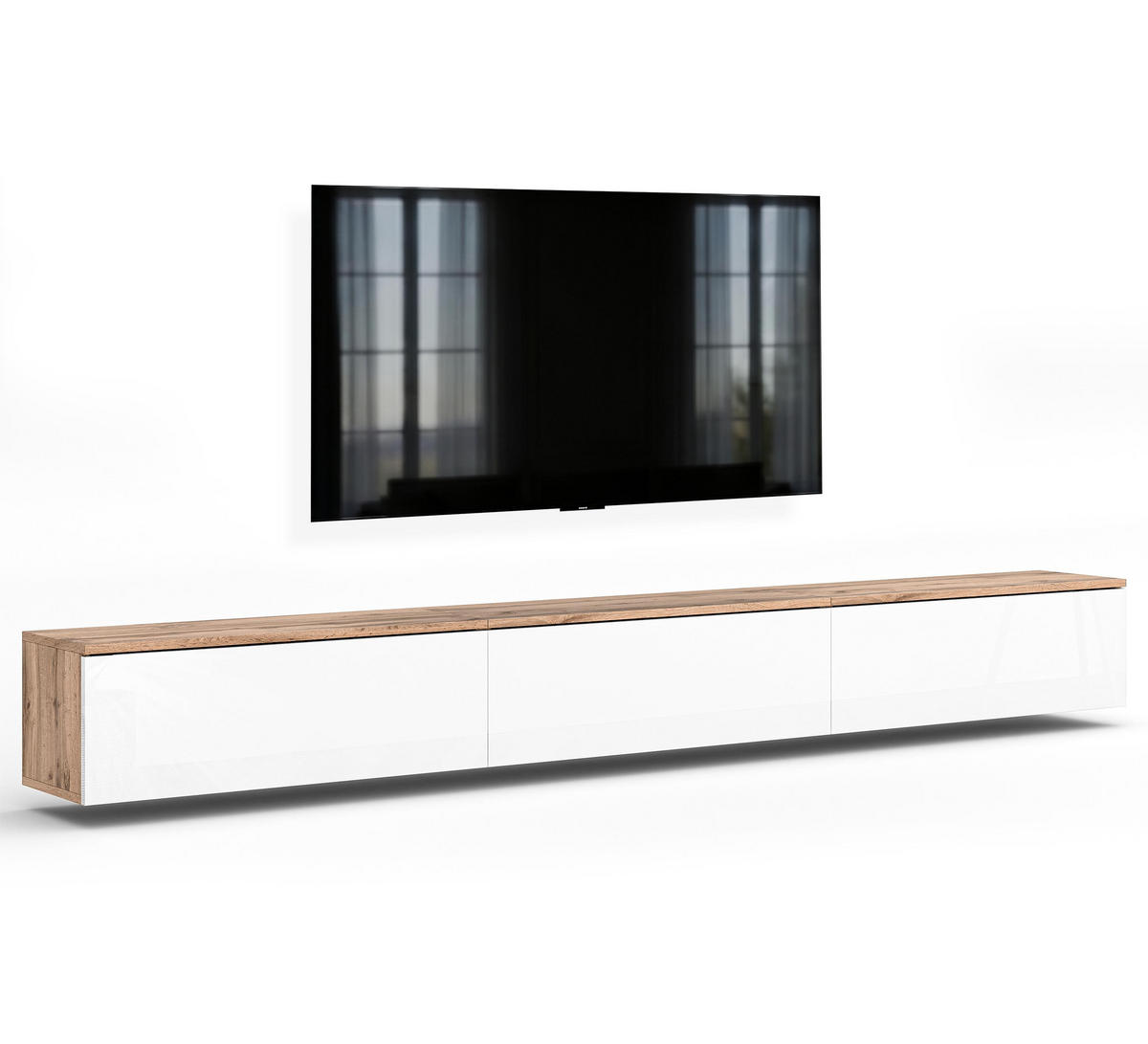 LOWBOARD Barvo 3x100 Eiche Wotan / Weiß Hochglanz 300/34/32 cm – hängendes TV-Board - Braun/Weiß, Holzwerkstoff (300/34/32cm) - AX Living