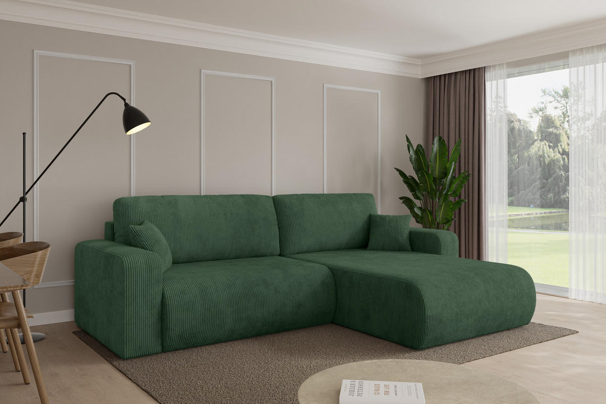 ROHOVÁ SEDAČKA s funkcí spaní, otoman vpravo BERY-L 276x193x88 zelená manšestr - černá/tmavě zelená, kompozitní dřevo/textil (276/193cm) - ALTDECOR