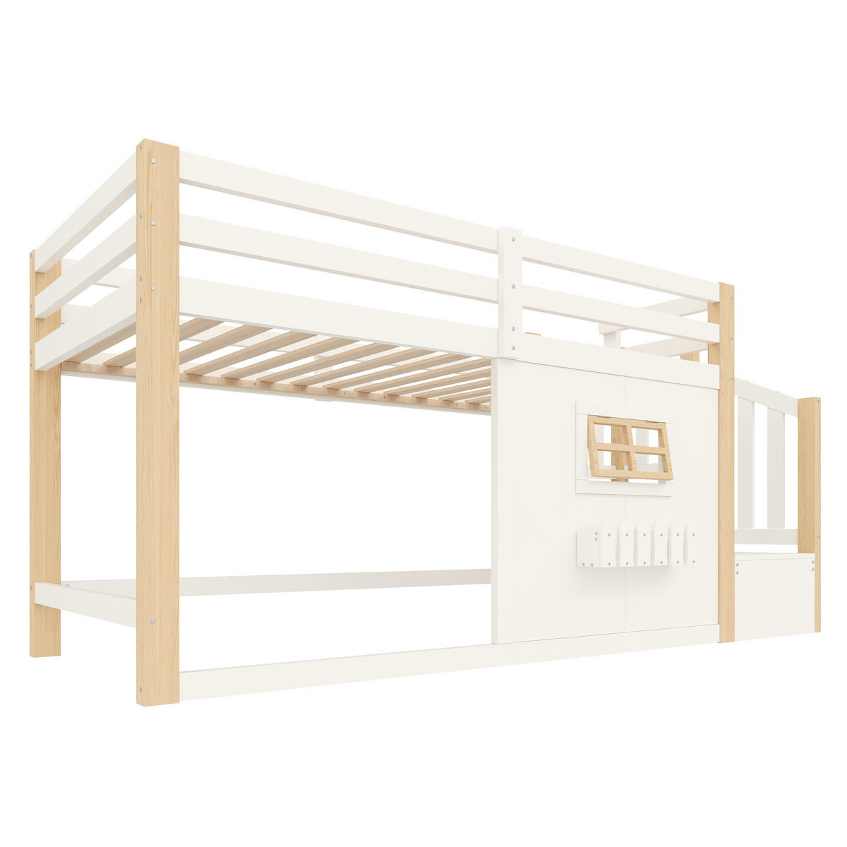 HOCHBETT 90/200 cm mit LED und Stauraumtreppe, DE-42010, in Natur/Weiß - Naturfarben, Holzwerkstoff (90/200cm) - ComfortXL