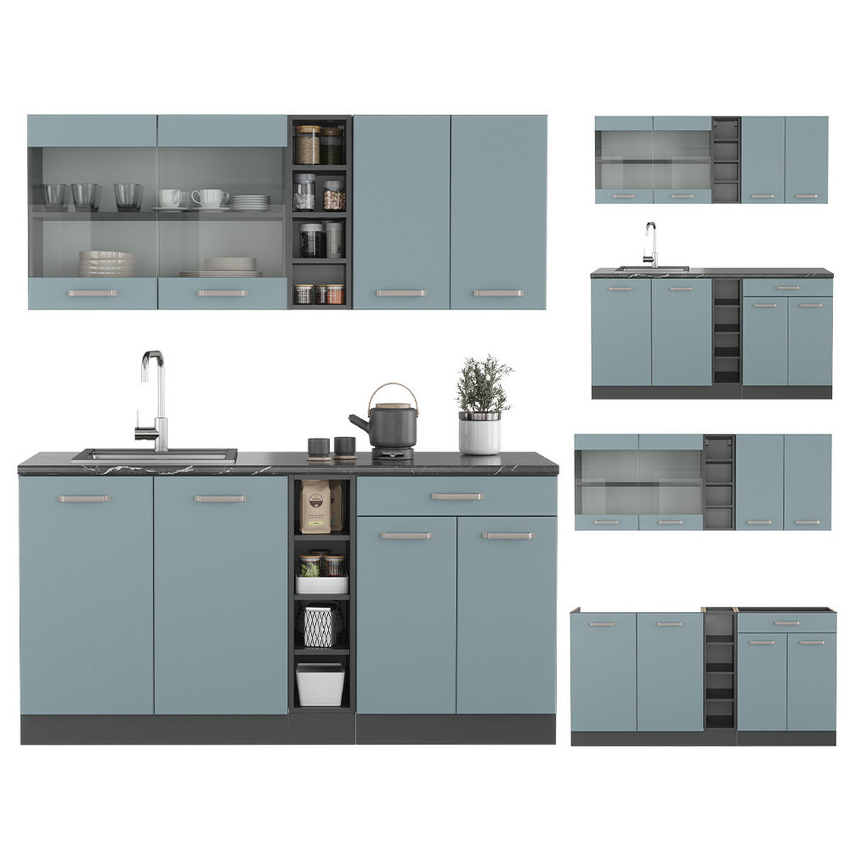 SINGLEKÜCHE R-Line Blau-Grau/Anthrazit 160 cm, AP Eiche - Anthrazit/Blaugrau, Holzwerkstoff (160/81.6/60cm) - Vicco
