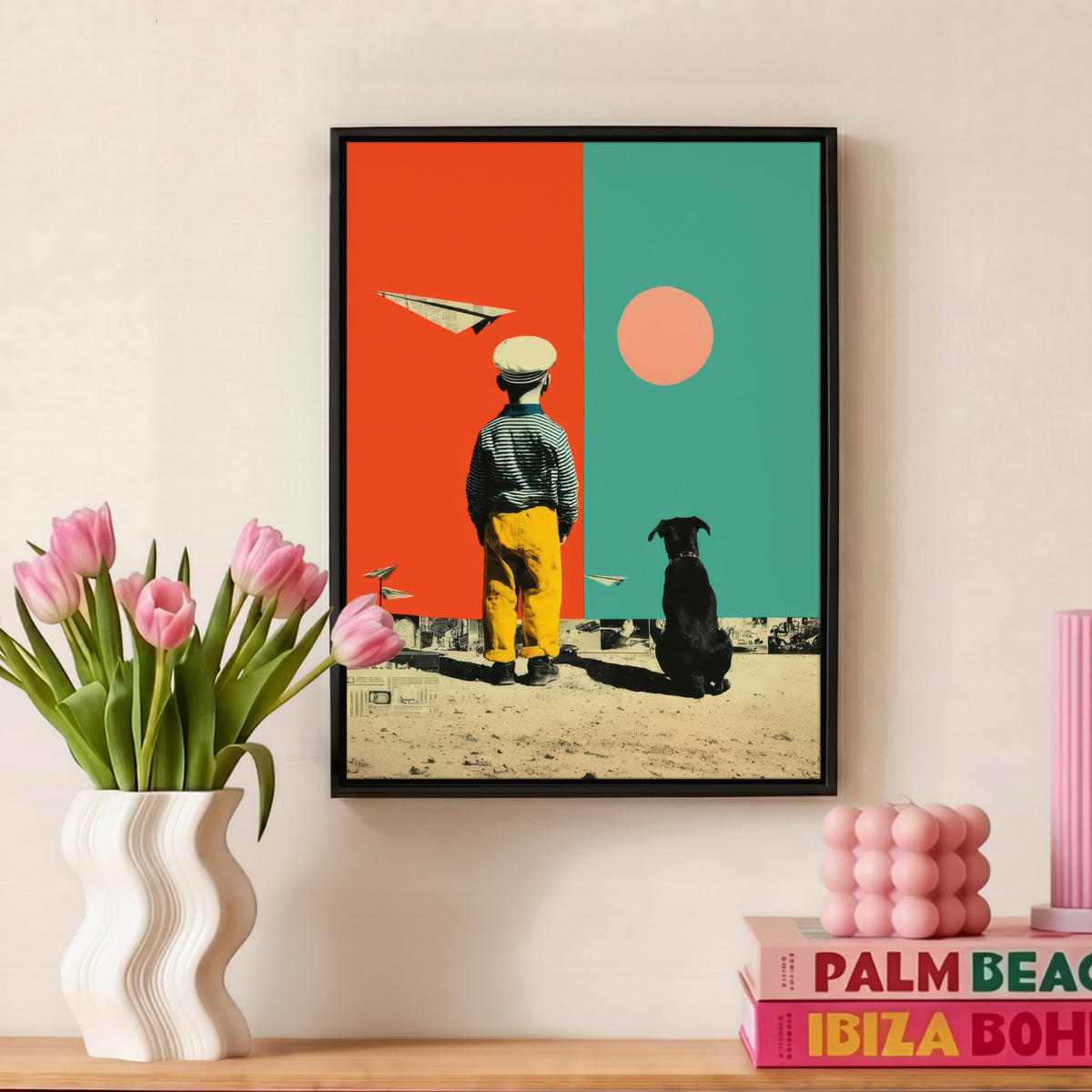 LEINWAND Bilder mit Rahmen - Retro - Junge - Hund - Rot - Grün - 30x40 - Orange, Textil (30/40cm) - MuchoWow