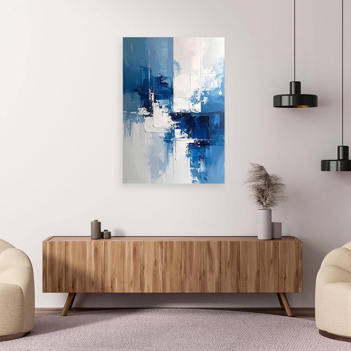 LEINWANDBILDER, Blaue und weiße Abstrakt im Boho Stil - Blau, Textil (80/120cm) - Feeby