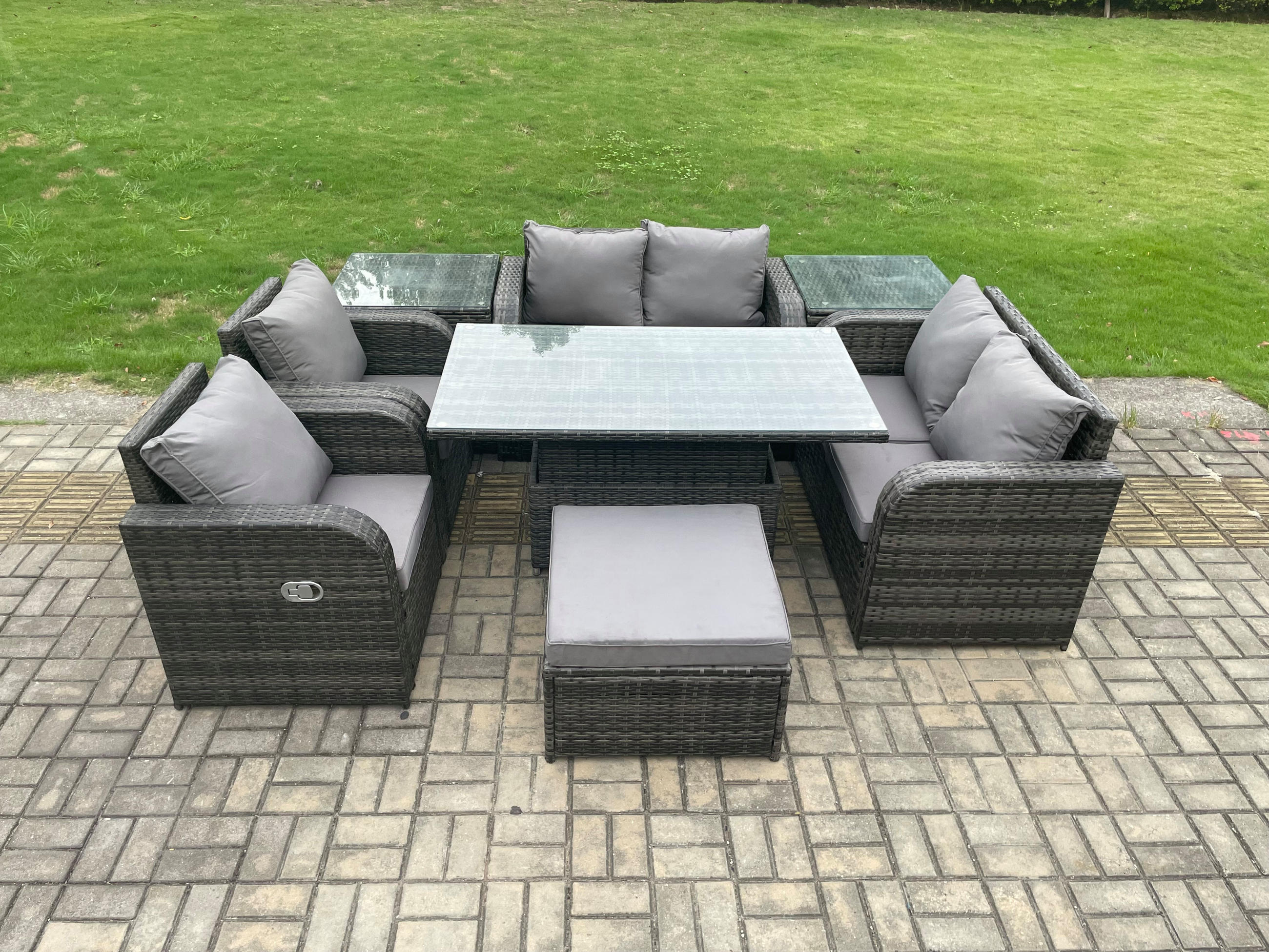 GARTENTISCHGRUPPE Polyrattan 7-Sitzer - Dunkelgrau/Grau, Glas/Kunststoff - Fimous