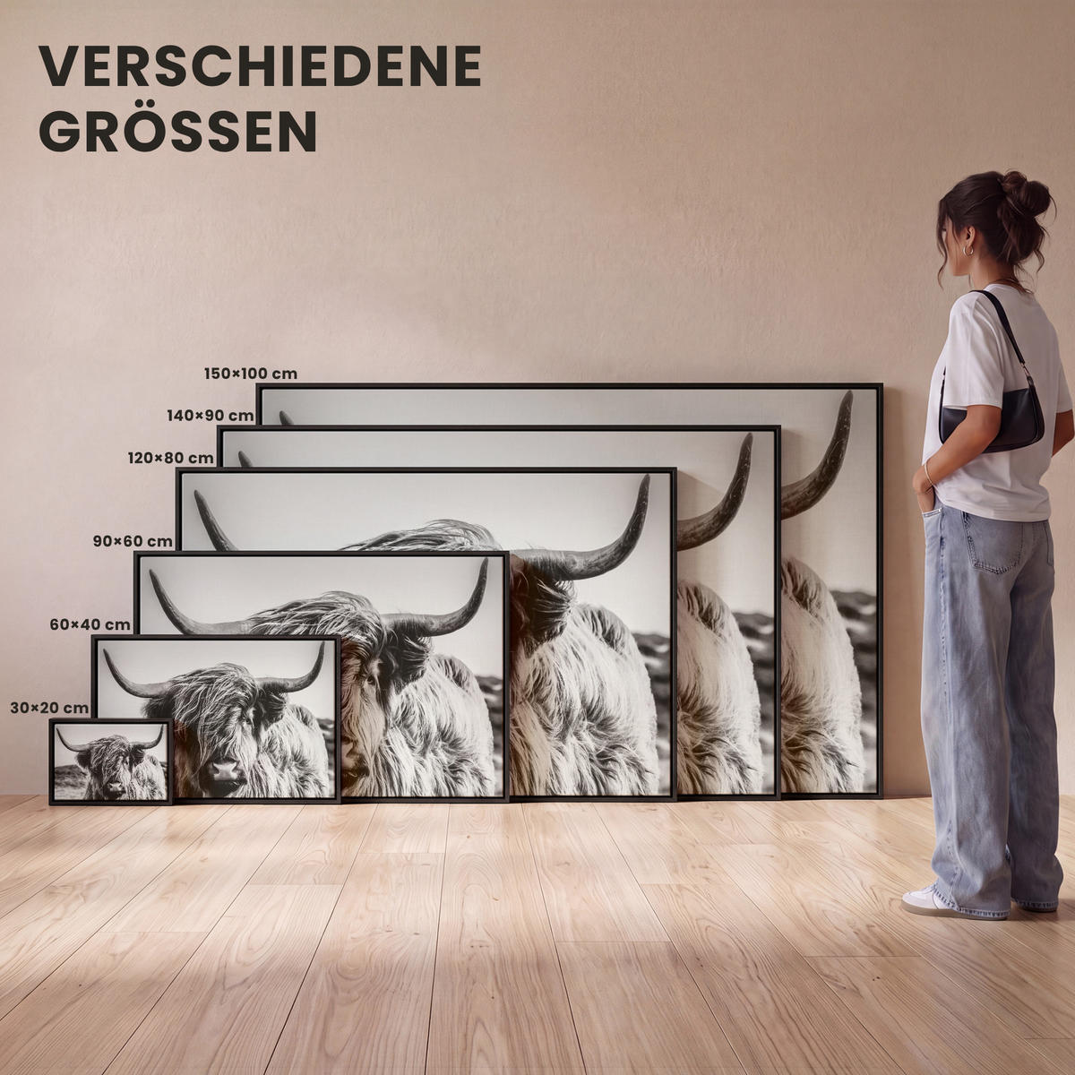 LEINWAND Bilder mit Rahmen - Kuh - Schottischer Hochländer - Schwarz - Weiß - Tier - Natur - Wildtiere - 140x90 - Schwarz, Textil (140/90cm) - MuchoWow