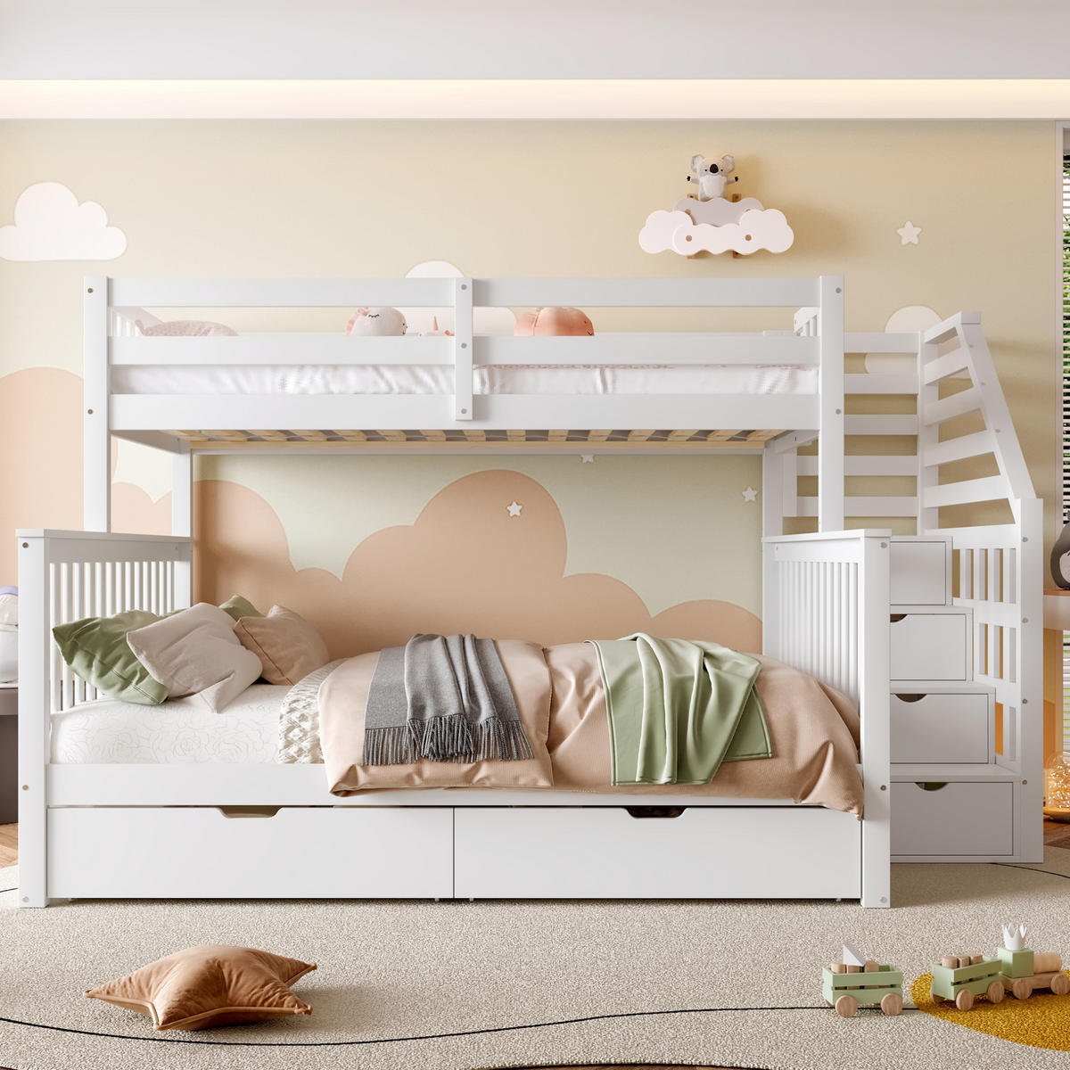 ETAGENBETT 90/200 + 140/200 cm aus Kiefer mit Schubladen und Absturzsicherung Weiß - Weiß, Holz (140/200cm) - Modenvie