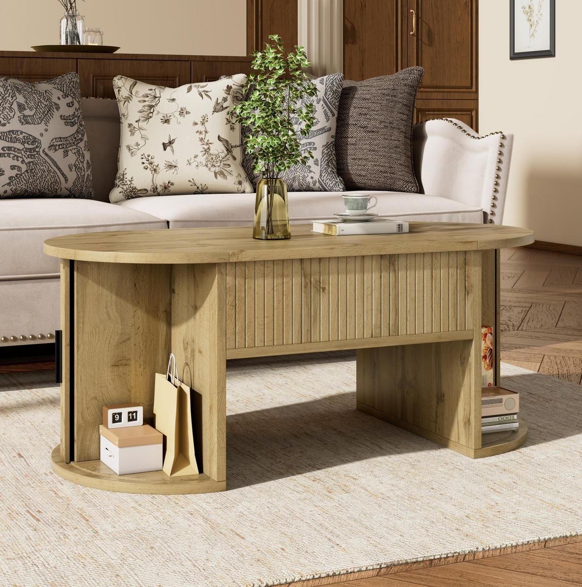 COUCHTISCH 100/50 cm höhenverstellbar mit Schiebetüren und offenen Fächern - Eichefarben, Holzwerkstoff (100/50/40.5cm) - BEAOK