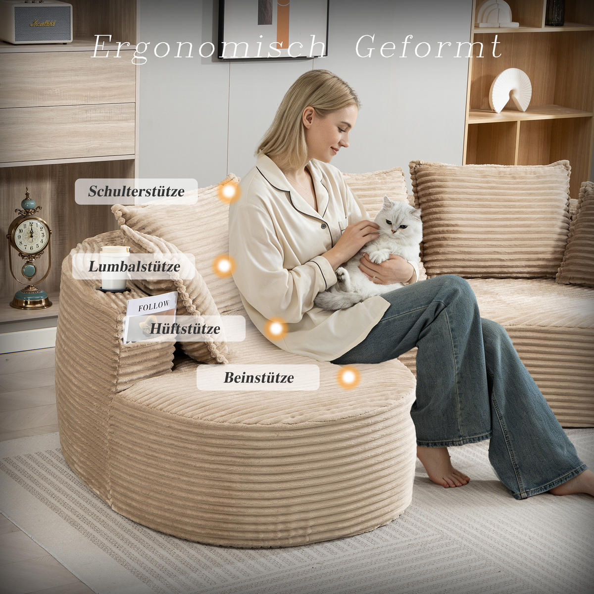ECKSOFA Cord Khaki mit Becherhaltern, Seitentaschen und mit Kissen - Hellbraun, Textil (250/152cm) - WISHDOR