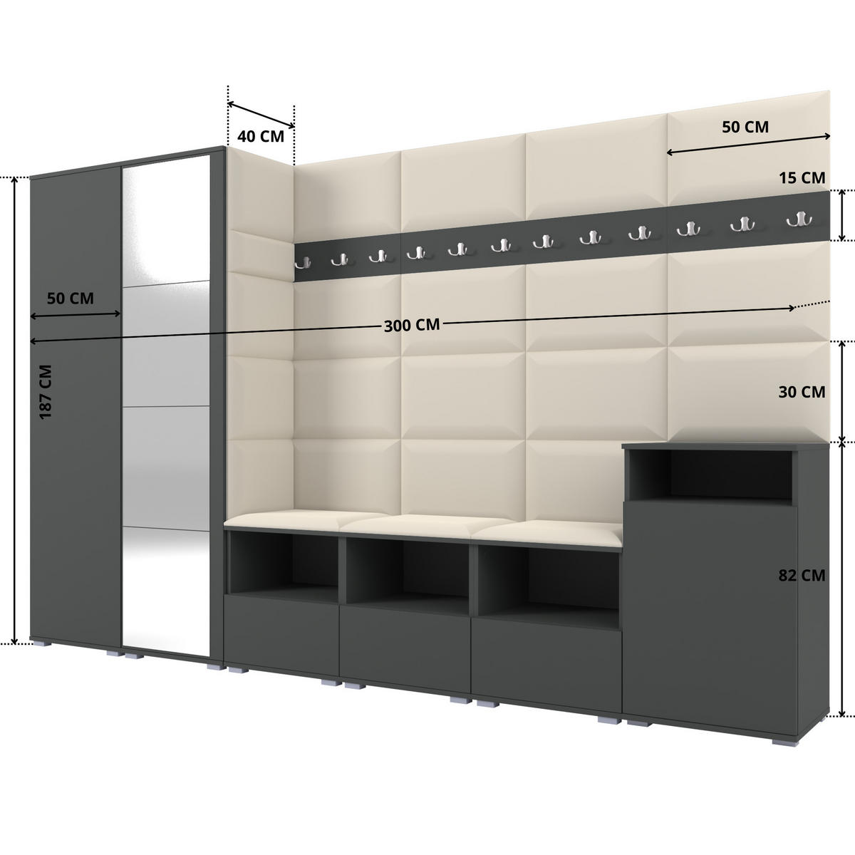 GARDEROBE NELA XII 300 cm (Modulare Flurmöbel Graphit mit Spiegel & Sitzpolster Creme 01 Gigantisches Set) - Silberfarben/Creme, Holz/Holzwerkstoff (300/187/40cm) - Ravio