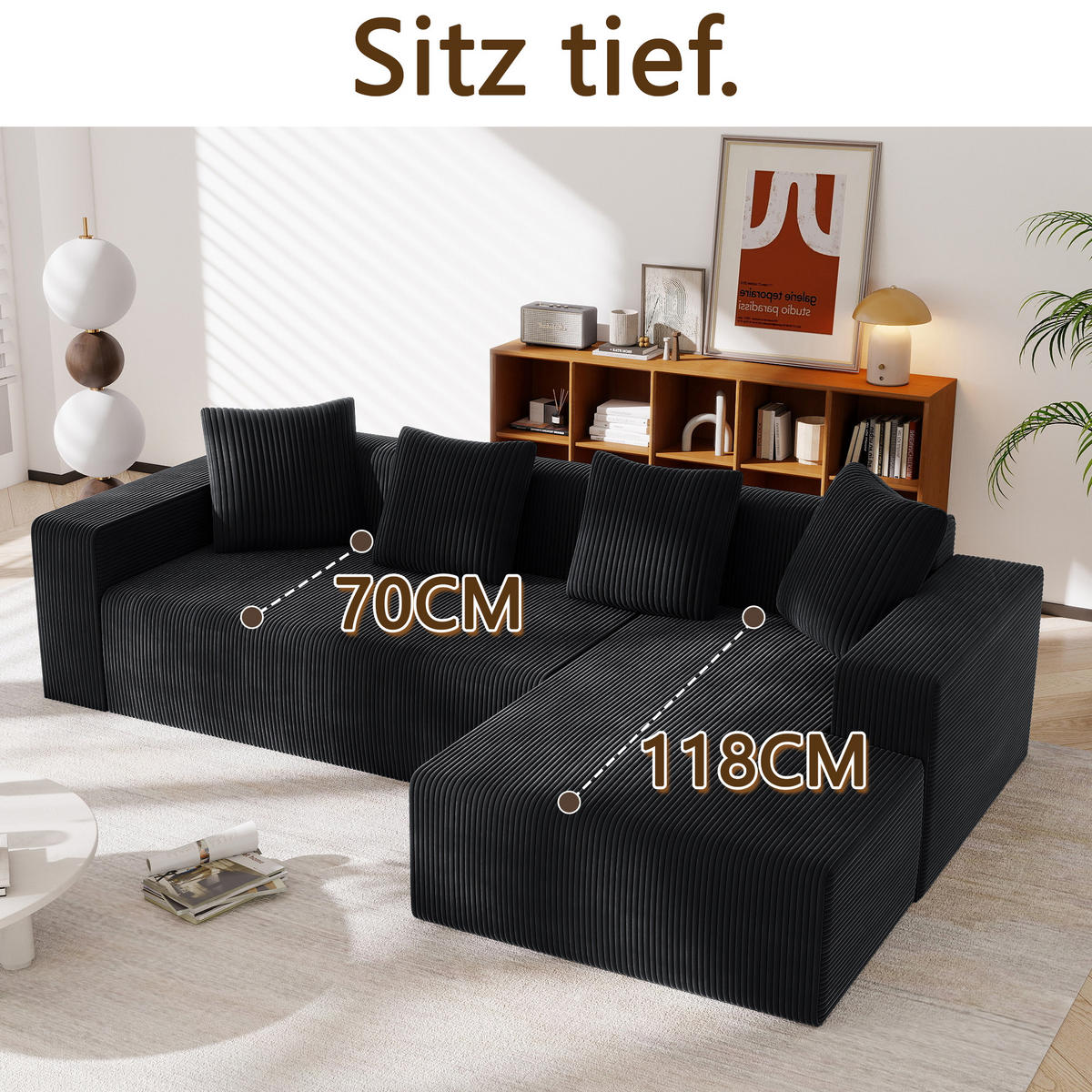 MODULARES Ecksofa Cord tiefe Sitzfläche, Liegeelement 261/146/65 cm Schwarz - Schwarz, Textil (146/261cm) - Redom