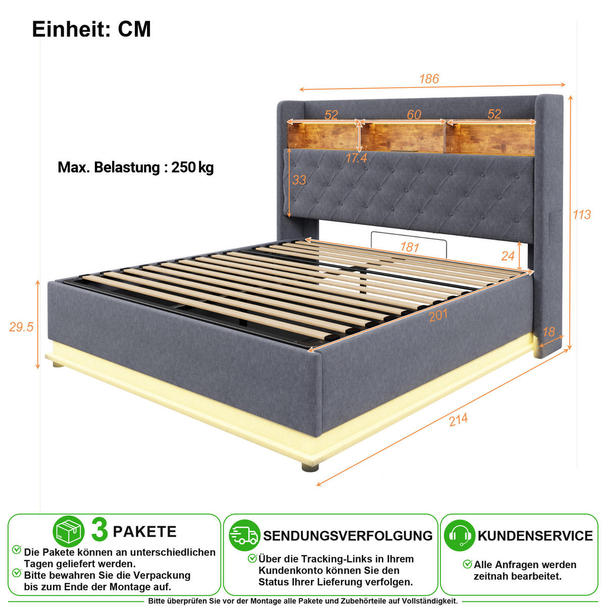 POLSTERBETT 180/200 cm in Grau mit LED, USB und Bettkasten Leinen - Grau, Holzwerkstoff/Textil (180/200cm) - CHICFURN