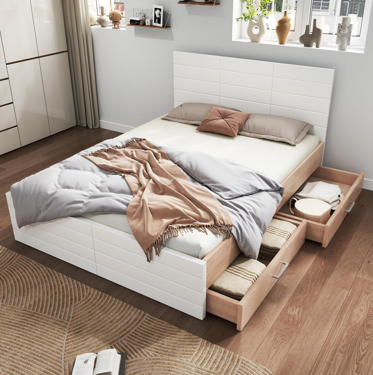 DOPPELBETT 140/200 cm Weiß und Eiche mit 2 Schubladen und Matratze aus Massivholz - Weiß, Holzwerkstoff (140/200cm) - OKWISH
