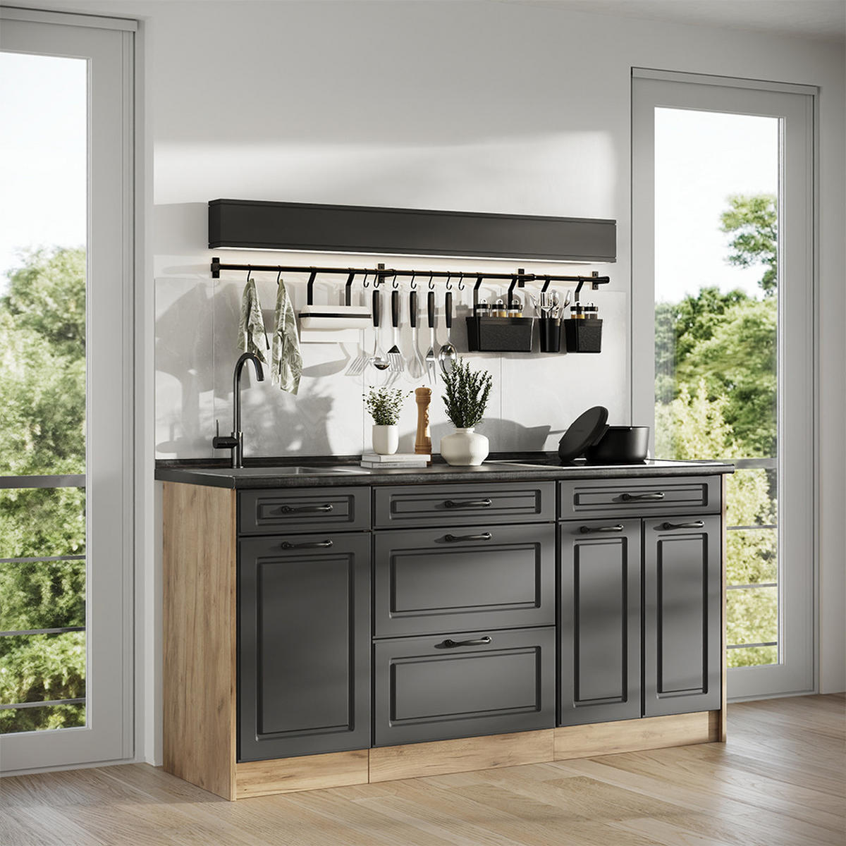 KÜCHENBLOCK R-Line, Anthrazit Landhaus/Goldkraft Eiche, 160 cm Arbeitsplatte Anthrazit - Eichefarben/Anthrazit, Holzwerkstoff (160/81.6/60cm) - Vicco