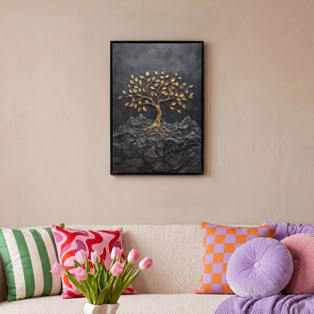 LEINWAND Bilder mit Rahmen - Blätter - Gold - Baum - Fels - 40x60 - Schwarz, Textil (40/60cm) - MuchoWow