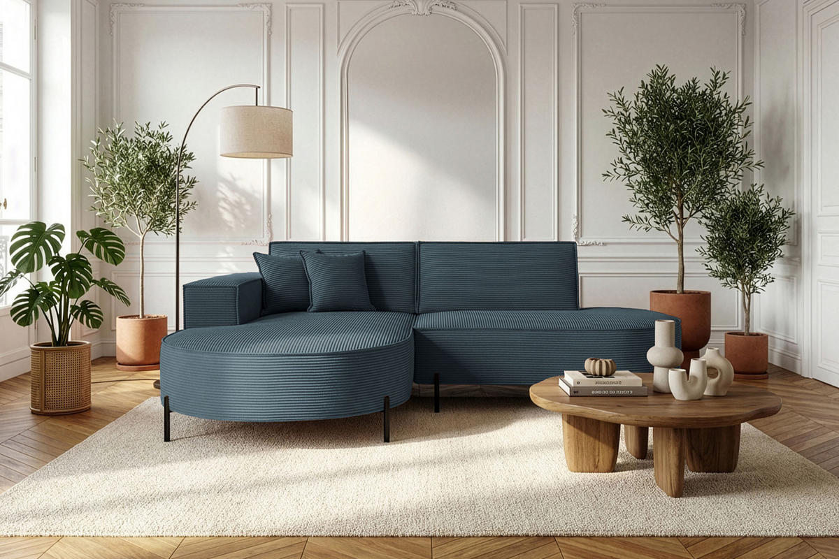 ECKSOFA Hana Loft 3-Sitzer Ecke Links, Cordstoff Chenille, Dunkelblau 241/80/168 cm - Blau/Schwarz, Textil/Metall (241/168cm) - WFL GROUP