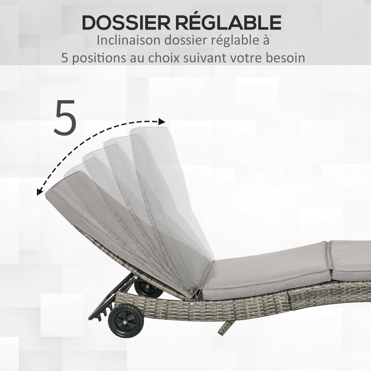 SONNENLIEGE DE-13565 5-fach verstellbar mit Rollen, abnehmbare Matratze Grau - Grau, Kunststoff/Metall (70/70/207cm) - ComfortXL