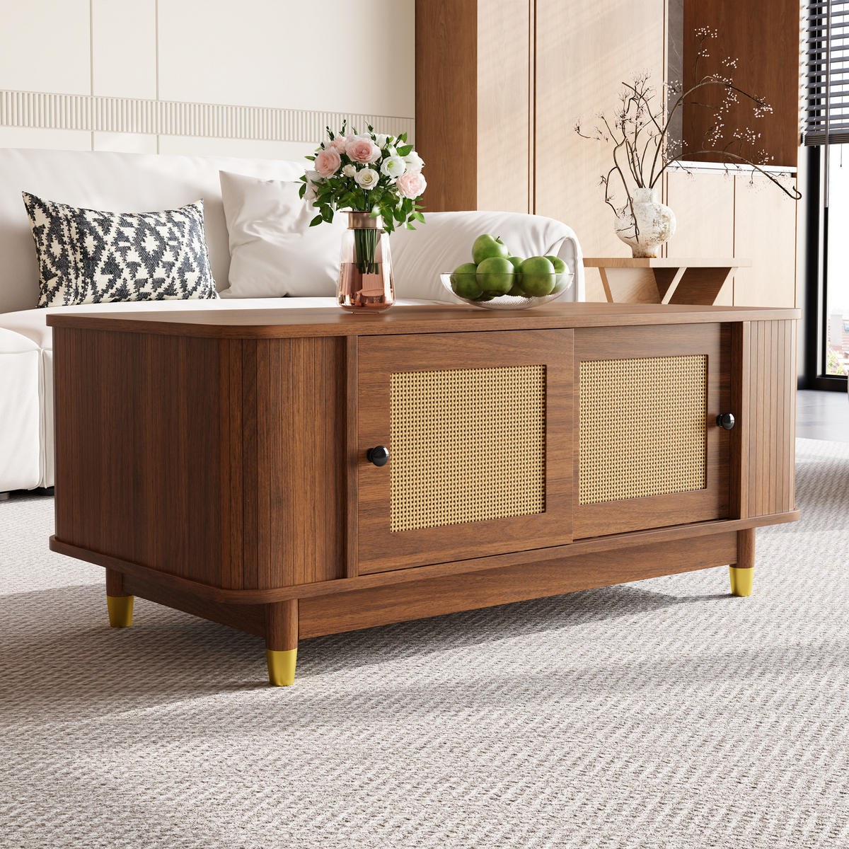 COUCHTISCH Rattan Schiebetüren - Walnussfarben, Holzwerkstoff (50/100/42cm)