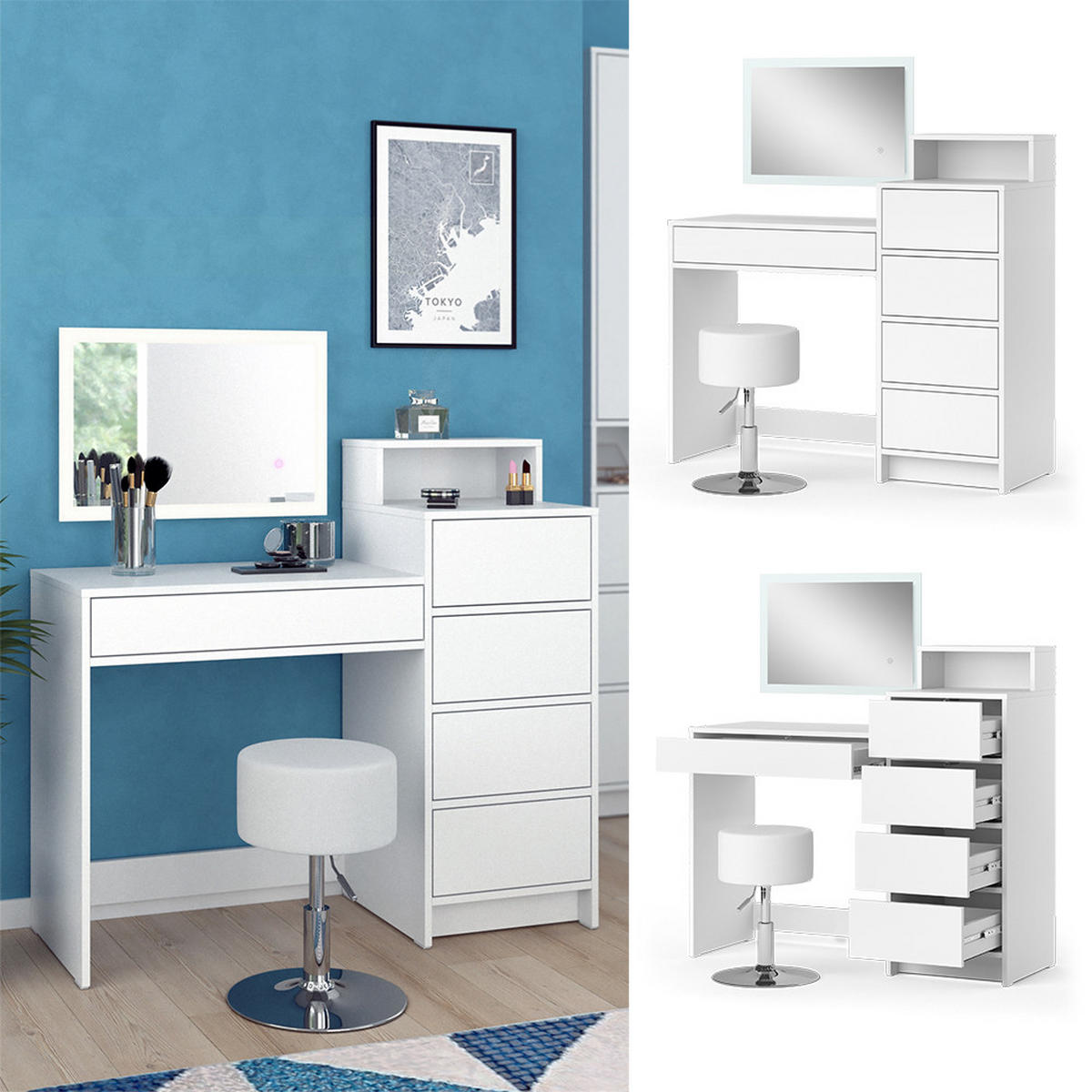 SCHMINKTISCH Naara Weiß 110.5 cm mit LED-Spiegel und Hocker - Weiß, Holzwerkstoff (110.5/100.6/40.3cm) - Vicco
