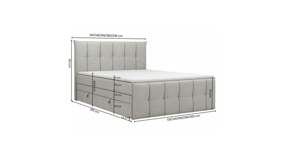 BOXSPRINGBETT SUPREME mit Topper und Bettkasten, Hellgrau, 140x200 cm - Hellgrau, Textil (140/200cm) - KS Home Concept