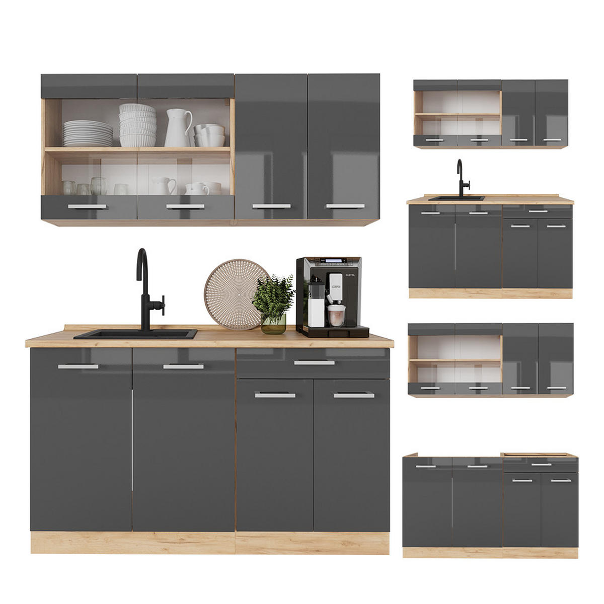 SINGLEKÜCHE R-Line Anthrazit Hochglanz/Goldkraft Eiche 140 cm ohne AP - Anthrazit/Eiche Wotan, Holzwerkstoff (140/81.6/46cm) - Vicco