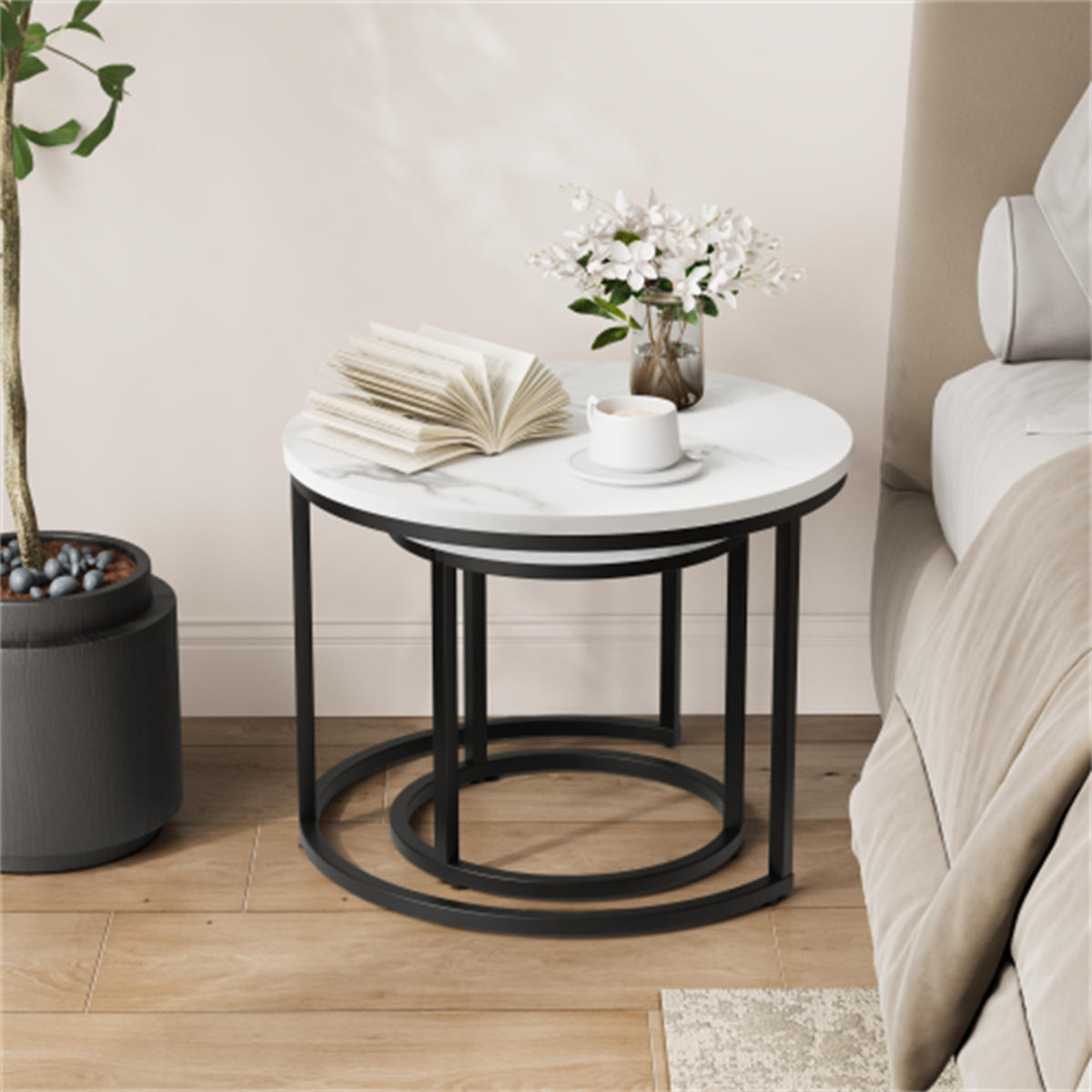 COUCHTISCH-SET 2-teilig rund, weiß mit Metallrahmen, 60x60x45 cm - Weiß, Holzwerkstoff (60/60/45cm) - Blomus