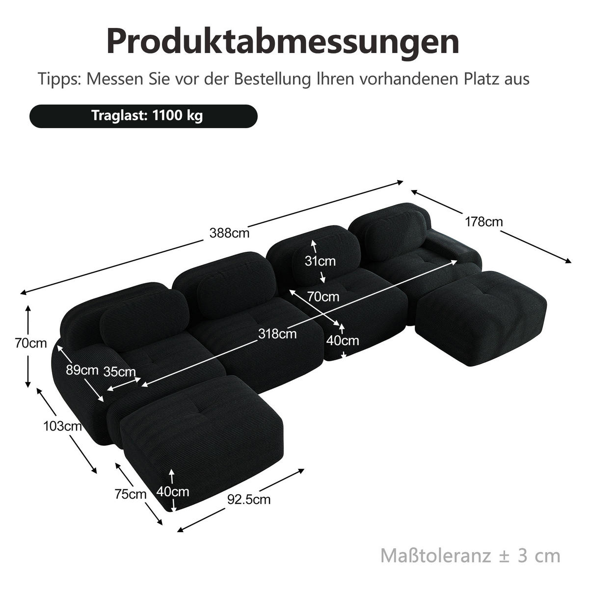 WOHNLANDSCHAFT DE-34025 modular 4-Sitzer Schwarz - Schwarz, Textil (178/75/388cm) - ComfortXL