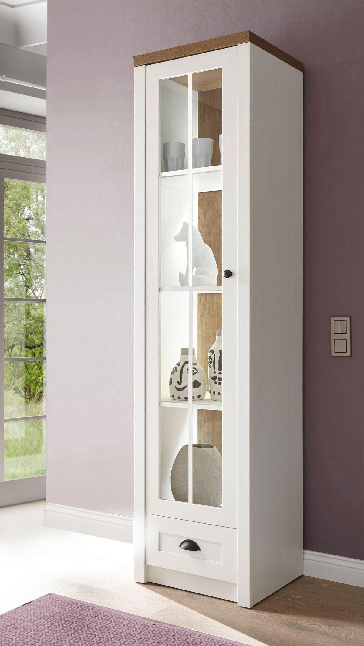 VITRINE Provence Pinie weiß, Eiche hell 50 / 43 / 198cm - Eichefarben/Weiß, Holzwerkstoff/Metall (50/198/43cm) - Feldmann-Wohnen