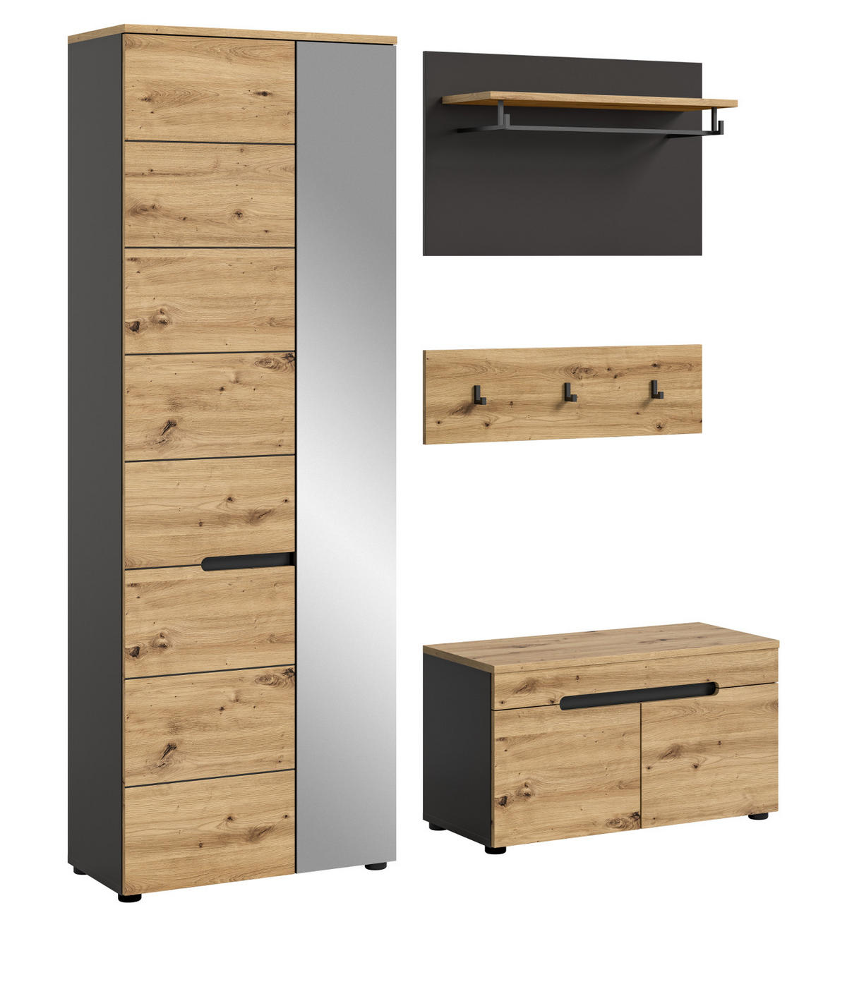 GARDEROBE Set 4-teilig Eiche Artisan und grau 160 cm, mit Soft-Close - Schwarz/Eiche Artisan, Glas/Holzwerkstoff (160/190/37cm) - Inn.Furn
