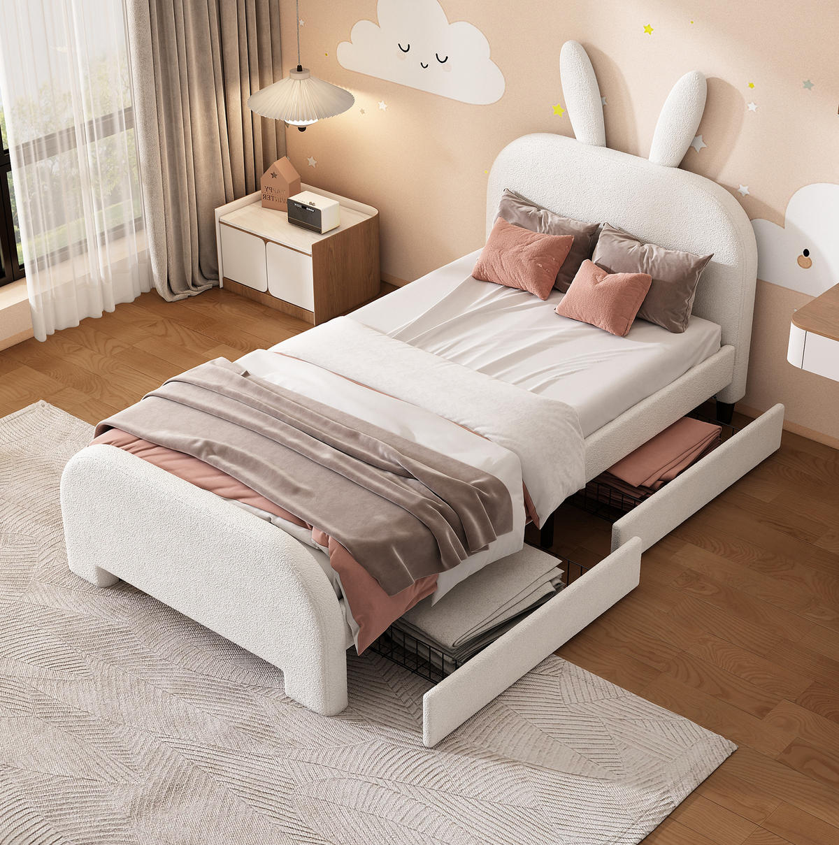 KINDERBETT Kindereinzelbetten 90/200 cm mit 2 Schubladen, gepolstertem Kaninchen-Kopfteil aus Plüsch und MDF, Weiß - Weiß, Textil (90/200cm) - Redom