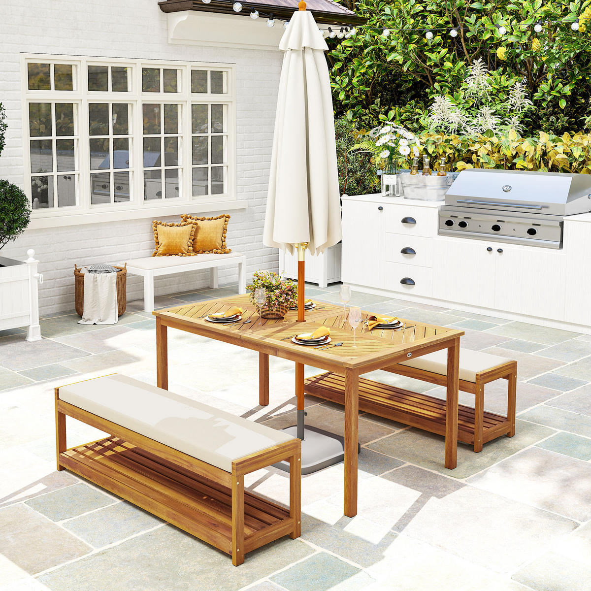 GARTENMÖBEL-SET 3-teilig DE-09824 mit Schirmloch und 2 Bänken Teak - Teakfarben, Holz - ComfortXL