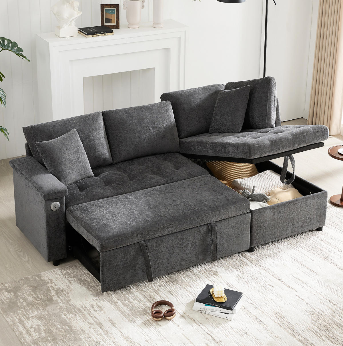 SCHLAFSOFA 209/130/84 cm in Dunkelgrau – mit Stauraum und USB-Anschluss - Dunkelgrau, Textil (130/84/209cm) - BEAOK