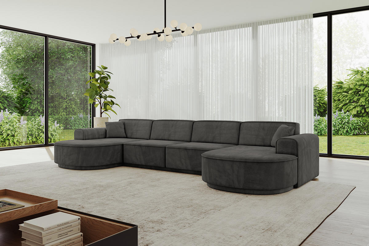 WOHNLANDSCHAFT MARI-U2-v3 - 388x171x83 cm Dunkelgrau Velours - Dunkelgrau/Schwarz, Holzwerkstoff/Kunststoff (388/83/171cm) - ALTDECOR