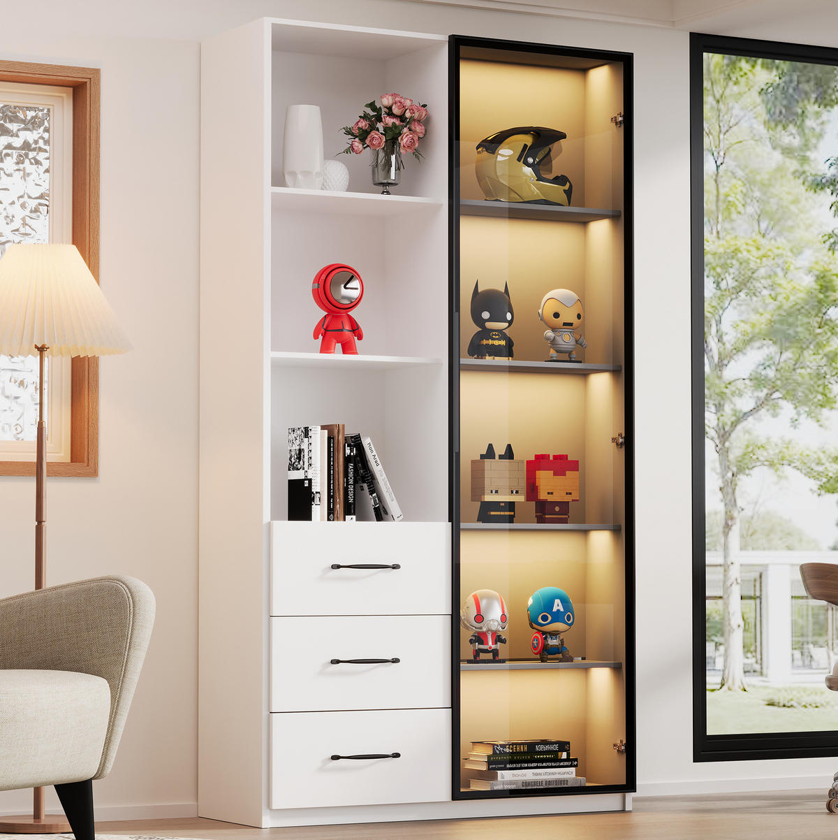 HIGHBOARD mit Glastür 80/40/160 cm – mit LED-Beleuchtung und 3 Schubladen - Weiß, Holzwerkstoff (80/160/40cm) - BEAOK