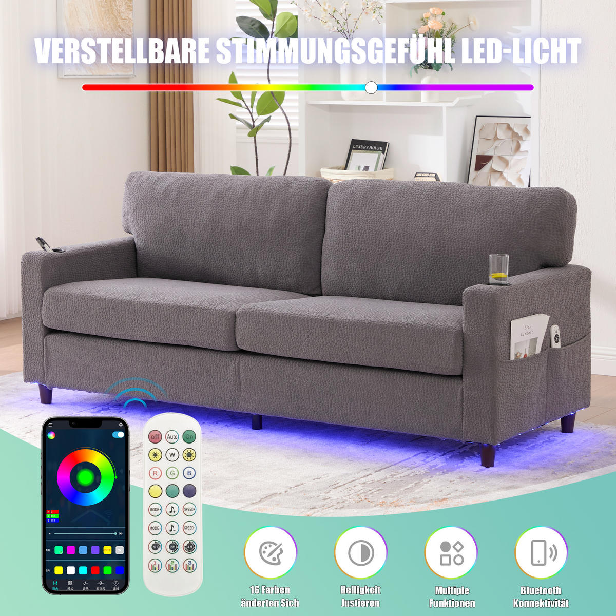 ZWEISITZER Sofa Chenille mit USB-Anschluss LED-Licht und Getränkehaltern 203/77,5/86 cm Hellgrau - Hellgrau, Textil (77.5/86/203cm) - Redom