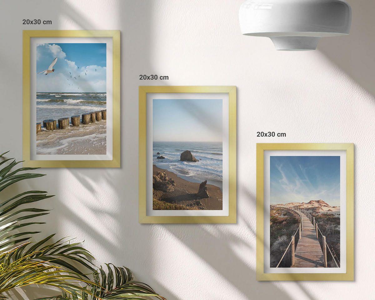 WANDBILDER 3er Set - 20x30 cm Goldrahmen - Strandwellen, Himmelsbrücke, Spaziergang - Goldfarben, Kunststoff (20/30cm) - ArtPrintCave
