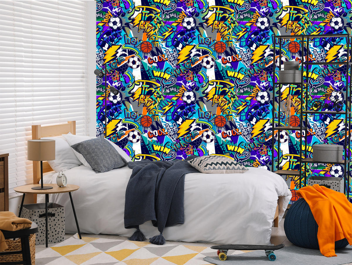 VLIESTAPETE Fußball-Graffiti – Blau, Gelb, Bunt – 50x1000 cm - Blau/Gelb, Papier (50/1000cm) - Muralo