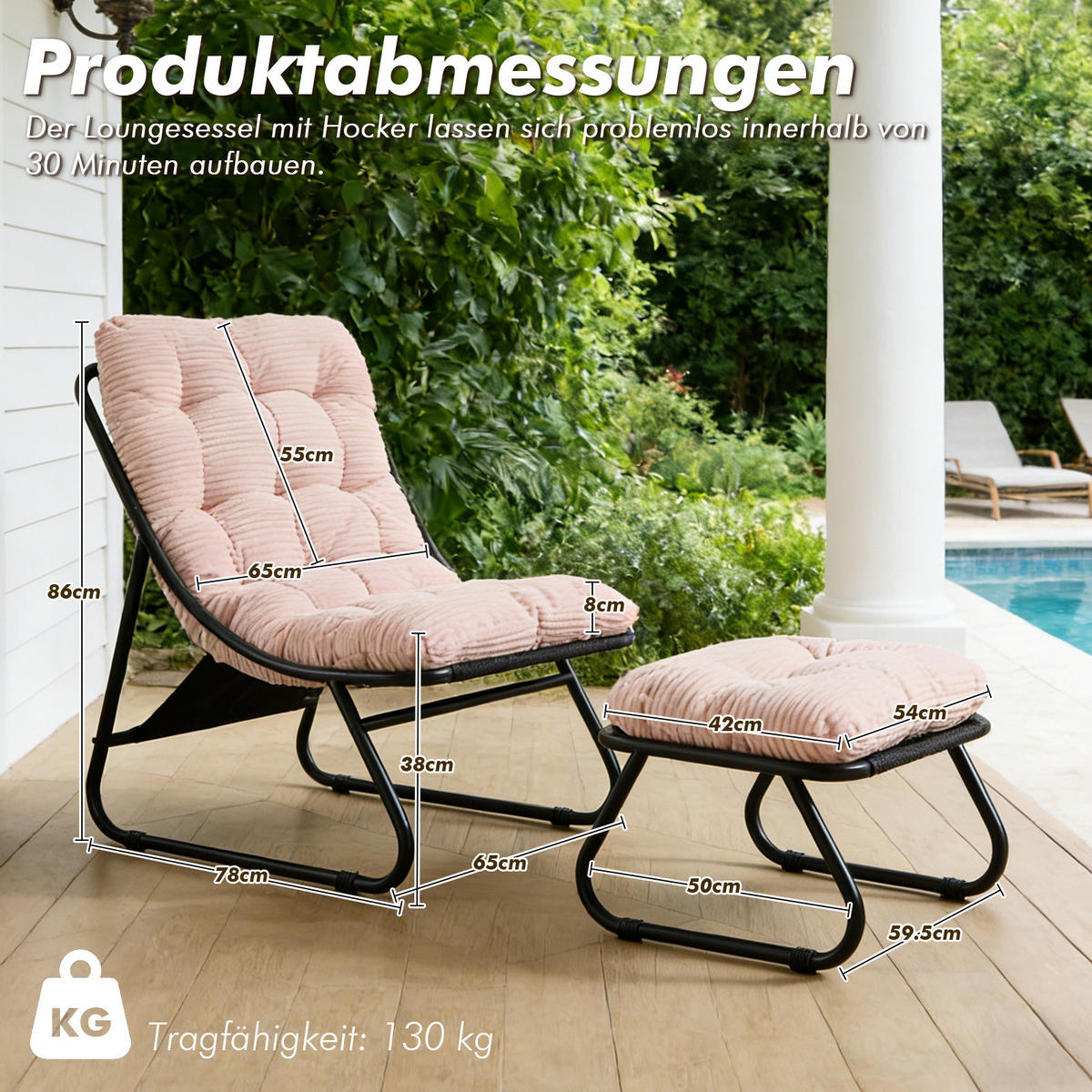 SESSELSET, Relaxsessel mit Hocker,Stahlrahmen,Cord,Rosa - Rosa, Textil/Metall (78/86/65cm) - LVHOM