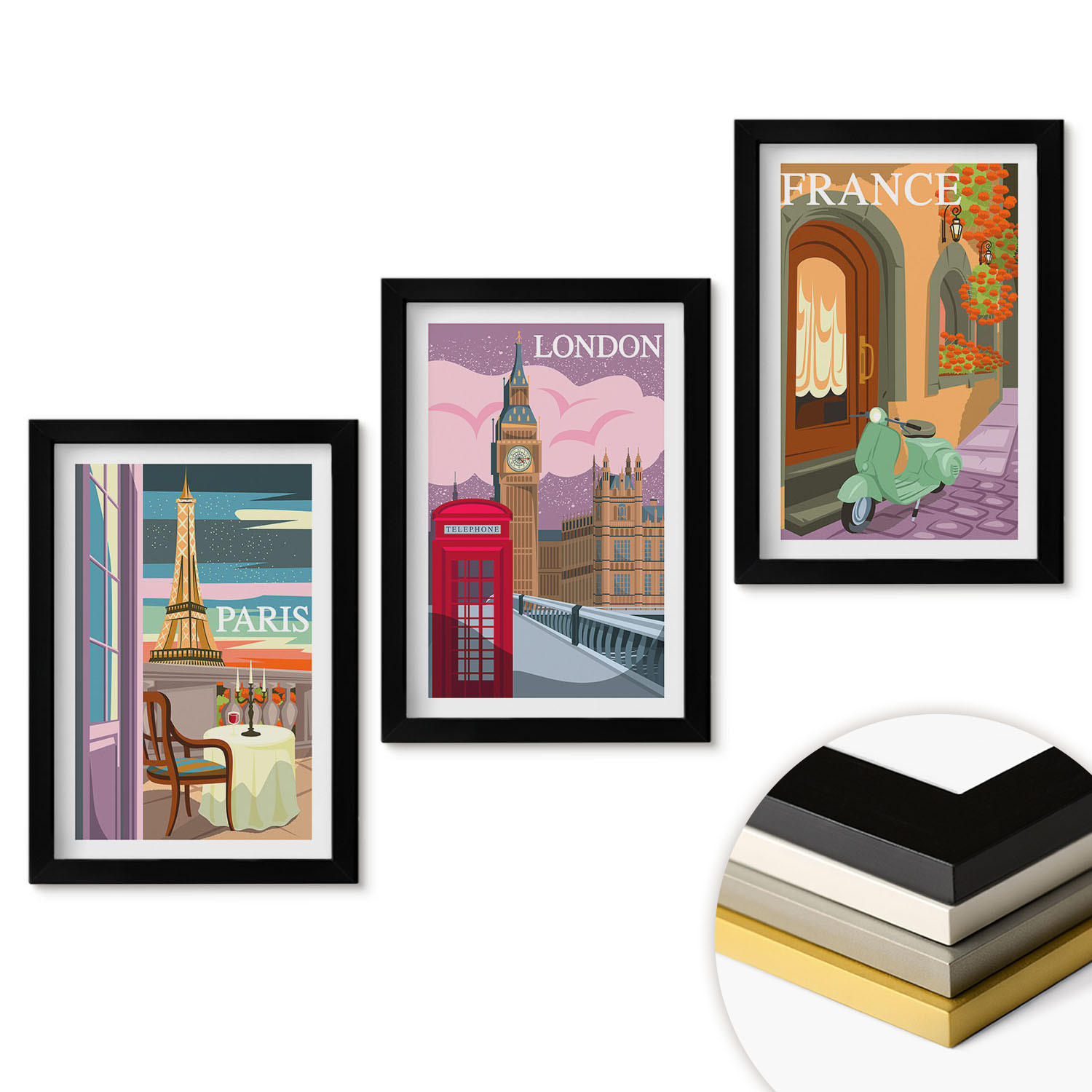 WANDBILDER 3er-Set - 20x30 cm Schwarzer Rahmen - Ansichten Paris London Retro - Schwarz, Kunststoff (20/30cm) - ArtPrintCave