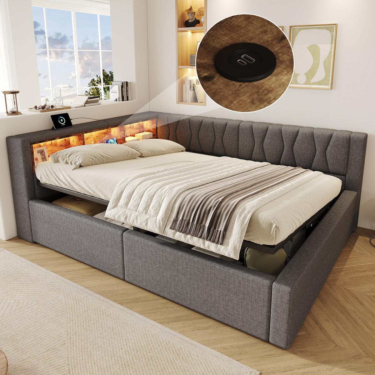 DENNÍ POSTEL 140x200cm Pohovka Úložná LED USB Šedá - šedá, přírodní materiály (140/200cm) - FLIEKS